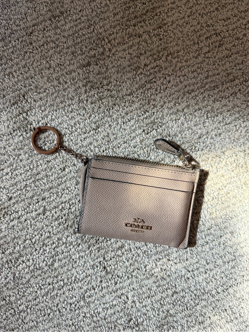 Coach Pebbled Leather Card Case Key Ring in Taupe